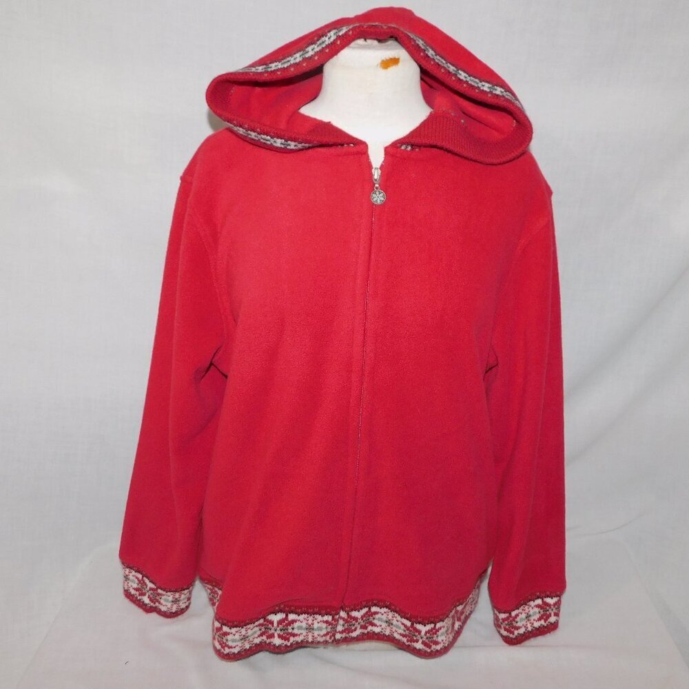 Northern Reflections Fair Isle Red Full Zip Fleece hooded Sweater Jacket Women L